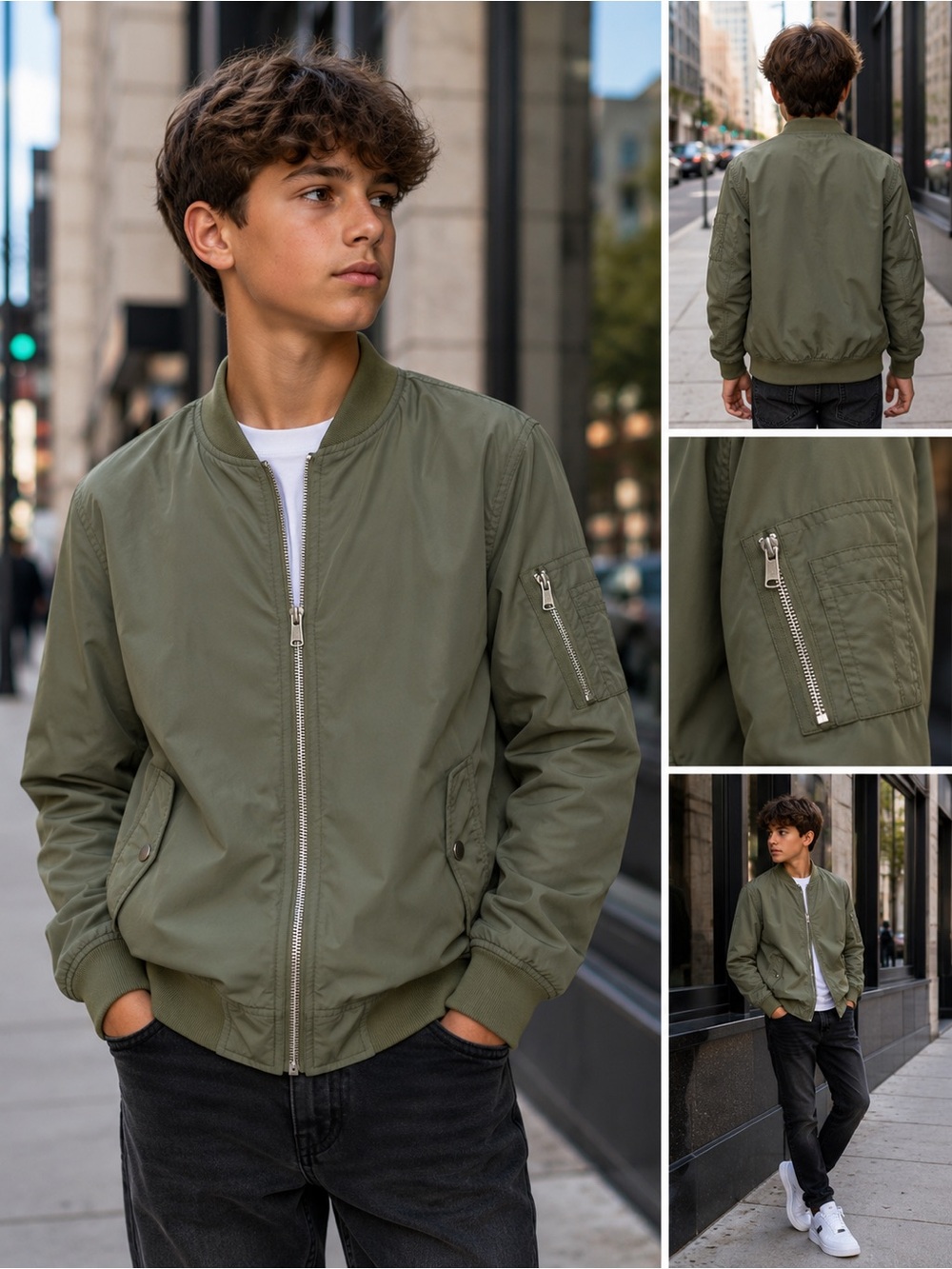 H&M Youth Bomber Jacket | Size 12–14Y | Olive Green | Classic MA-1 Style